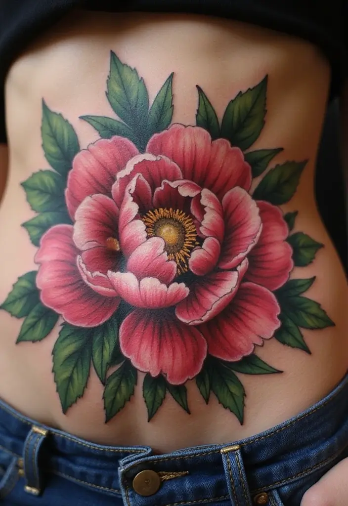 26 Creative Stomach Tattoos for Women: Unique & Personal - 15. Peony Perfection