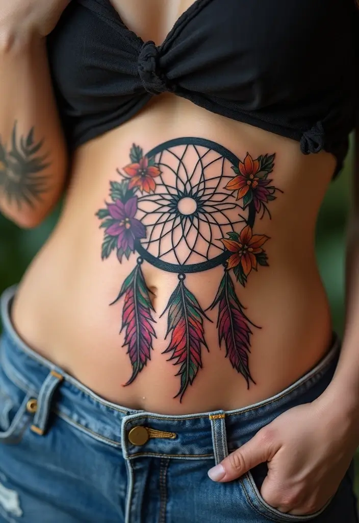 26 Creative Stomach Tattoos for Women: Unique & Personal - 16. Floral Dreamcatcher