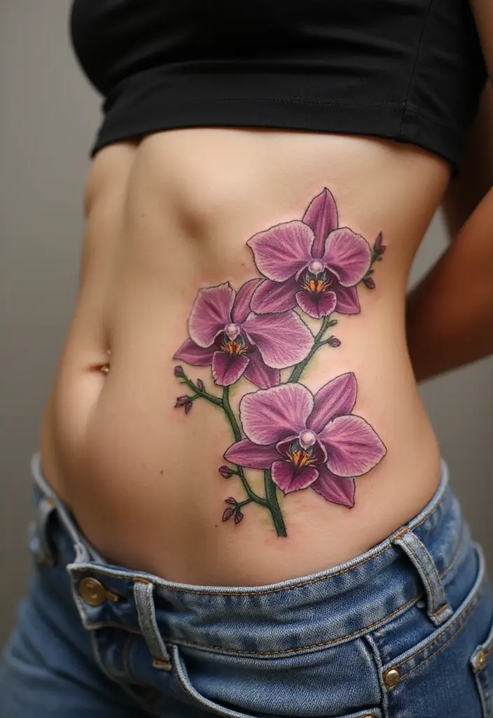 26 Creative Stomach Tattoos for Women: Unique & Personal - 17. Orchid Elegance