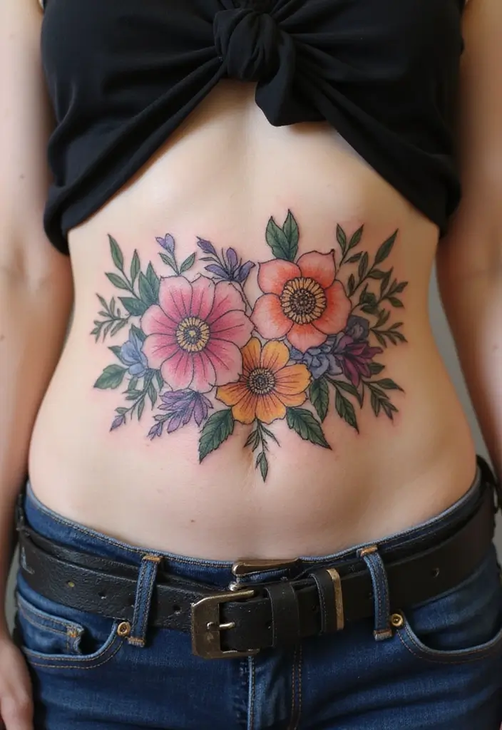 26 Creative Stomach Tattoos for Women: Unique & Personal - 20. Flower Crown