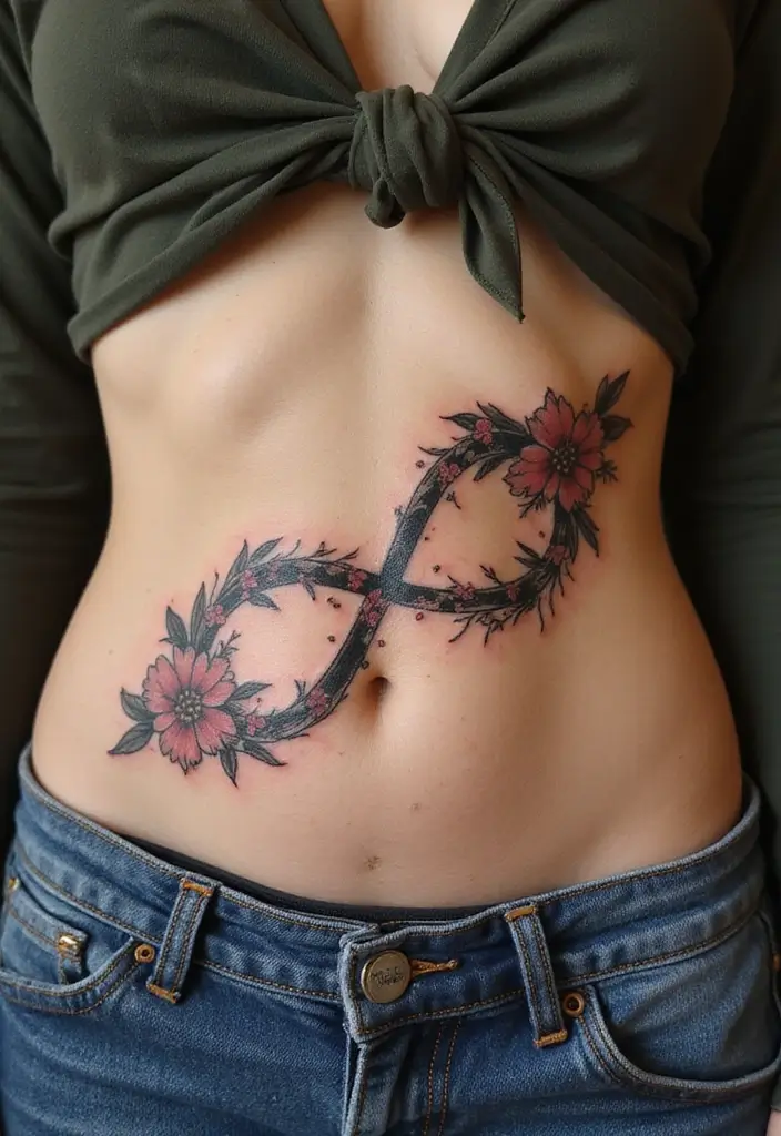 26 Creative Stomach Tattoos for Women: Unique & Personal - 21. Floral Infinity