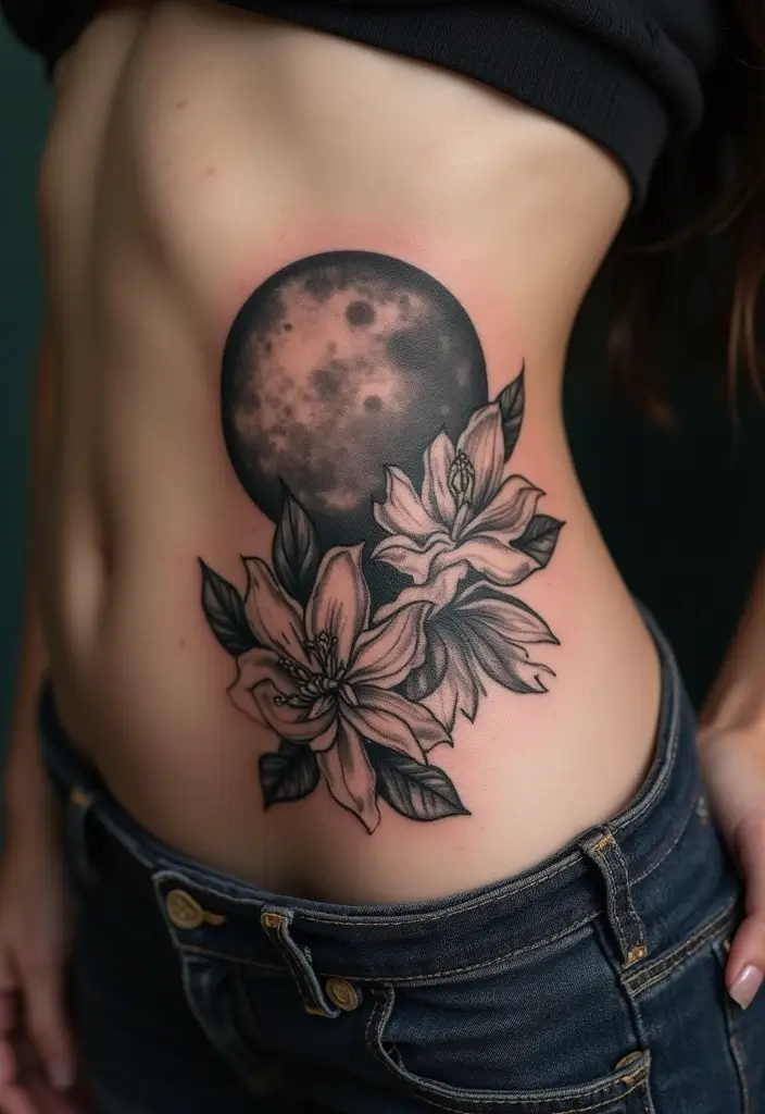 26 Creative Stomach Tattoos for Women: Unique & Personal - 22. Moonlit Florals