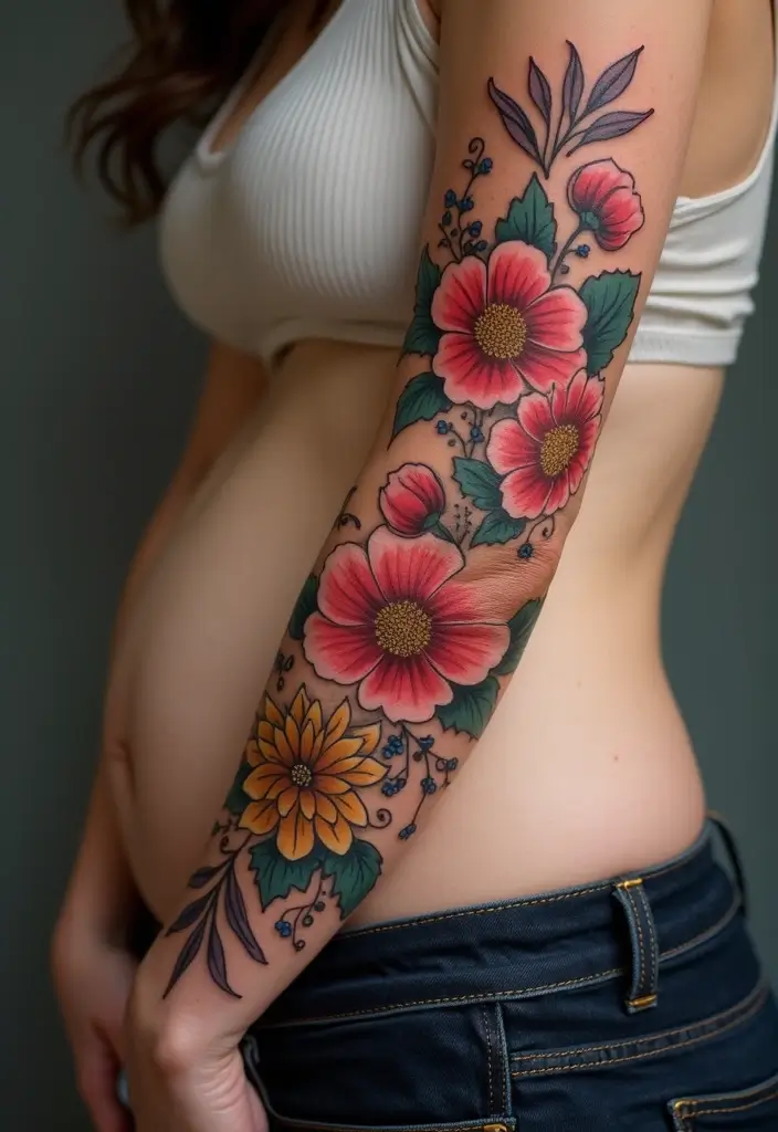 26 Creative Stomach Tattoos for Women: Unique & Personal - 24. Floral Tattoo Sleeves