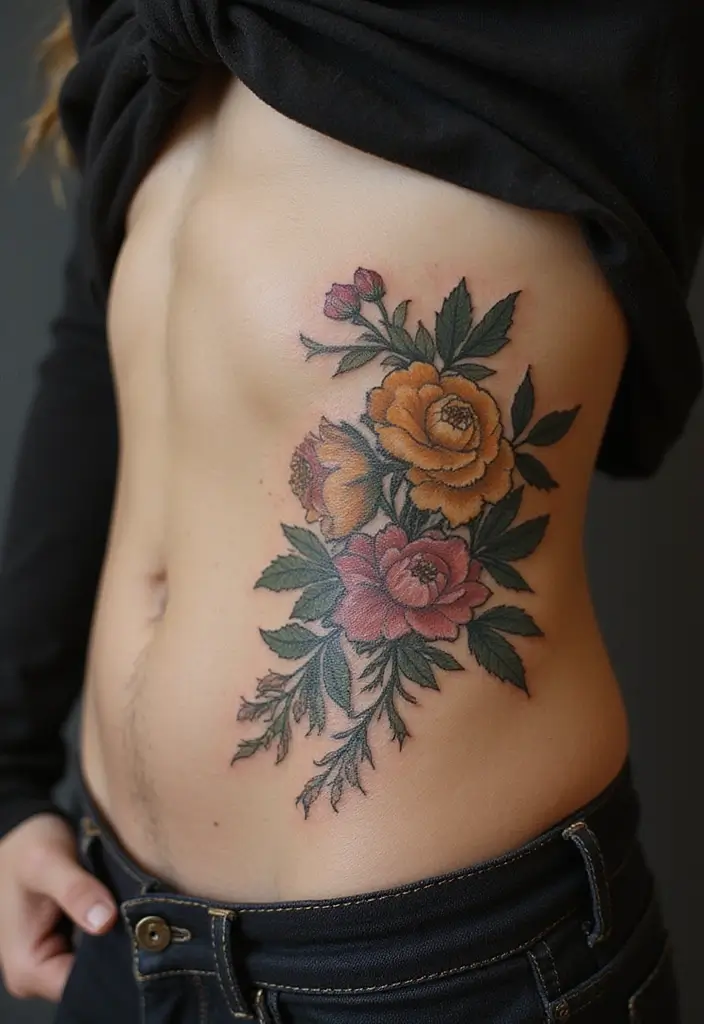 26 Creative Stomach Tattoos for Women: Unique & Personal - 25. Vintage Floral