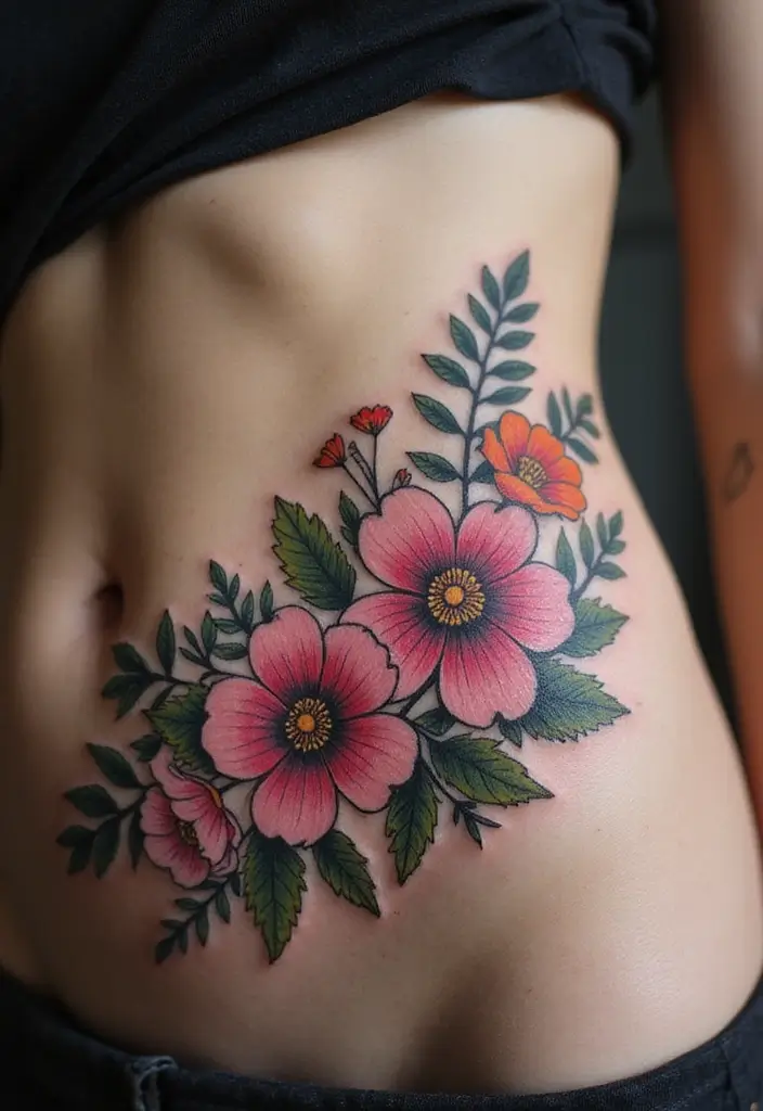 26 Creative Stomach Tattoos for Women: Unique & Personal - 26. Personal Floral Symbol