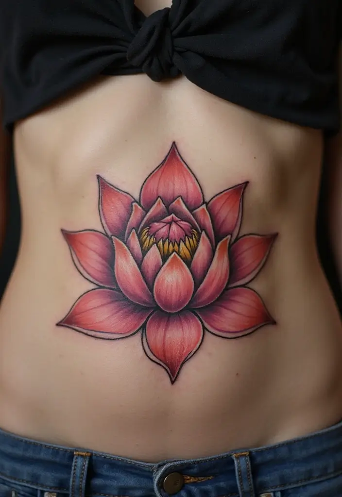 26 Creative Stomach Tattoos for Women: Unique & Personal - 3. Lotus Blossom