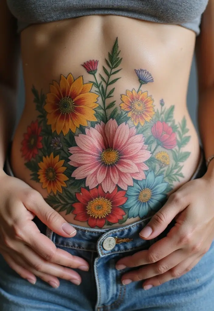 26 Creative Stomach Tattoos for Women: Unique & Personal - 4. Wildflowers