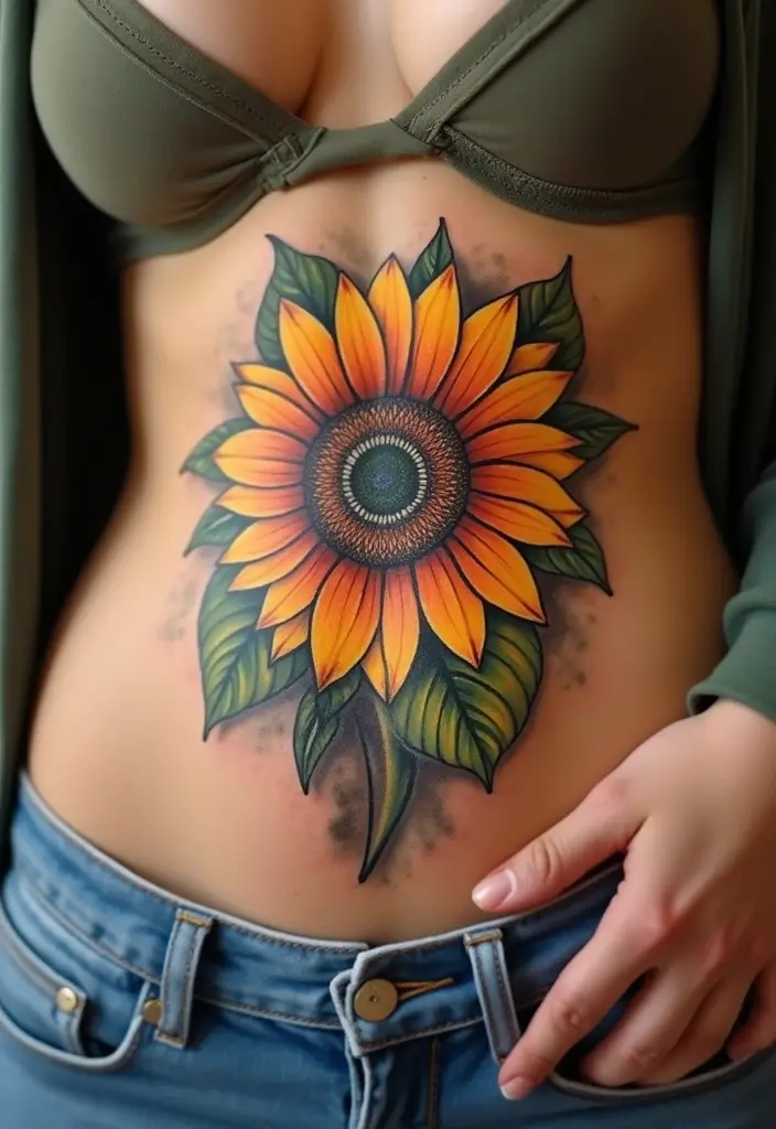 26 Creative Stomach Tattoos for Women: Unique & Personal - 5. Sunflower Delight