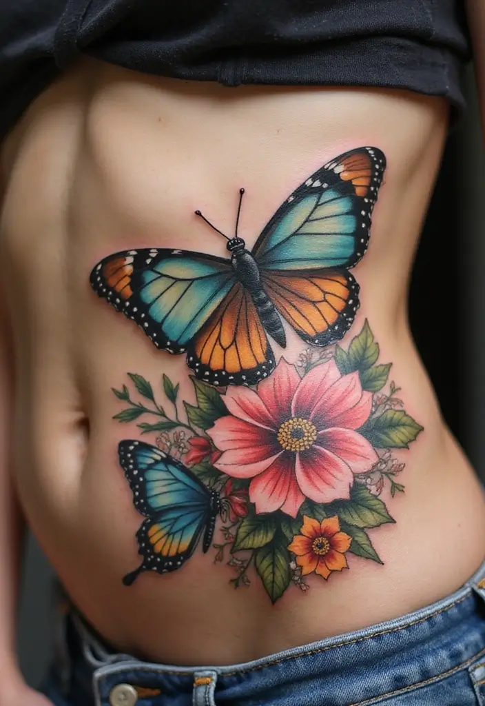 26 Creative Stomach Tattoos for Women: Unique & Personal - 8. Butterfly Garden