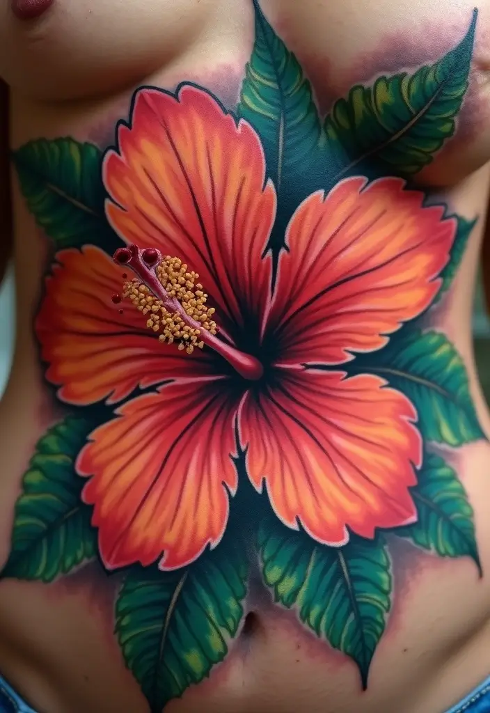 26 Creative Stomach Tattoos for Women: Unique & Personal - 9. Detailed Hibiscus