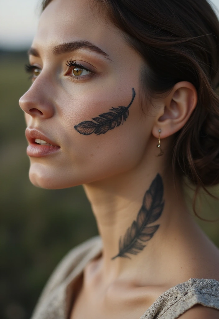 26 Daring Face Tattoos for Women: Edgy & Expressive Art - 14. Feather Tattoos