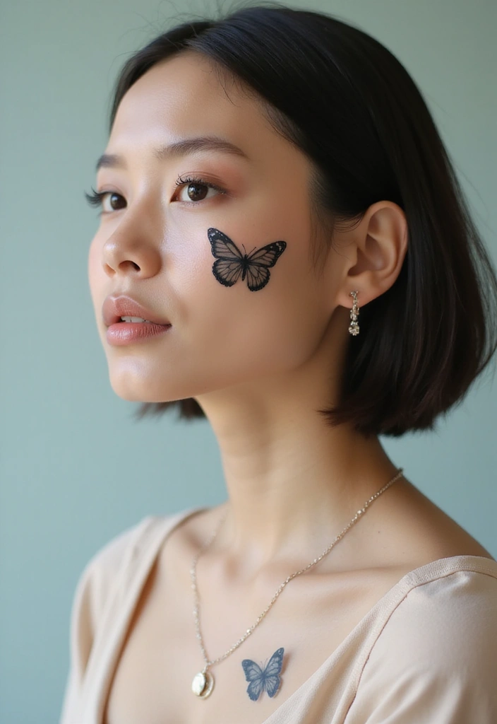 26 Daring Face Tattoos for Women: Edgy & Expressive Art - 24. Butterfly Silhouettes