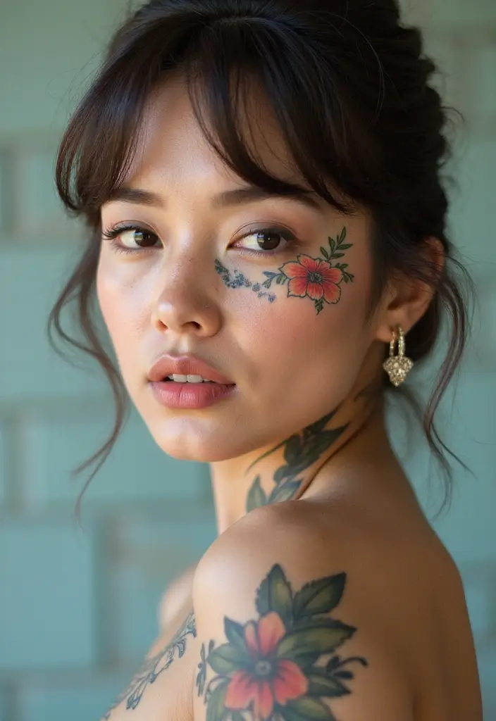 26 Daring Face Tattoos for Women: Edgy & Expressive Art - 3. Floral Accents Near the Eye