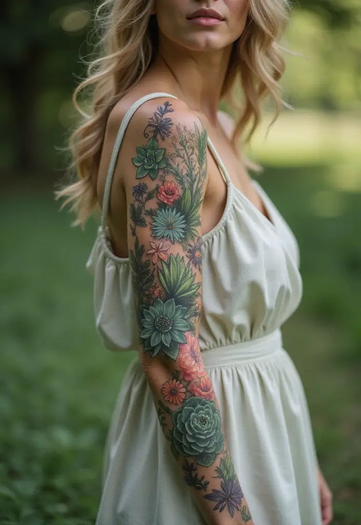 26 Full Sleeve Tattoos for Women: Complete Arm Masterpieces - 11. Succulent Gardens