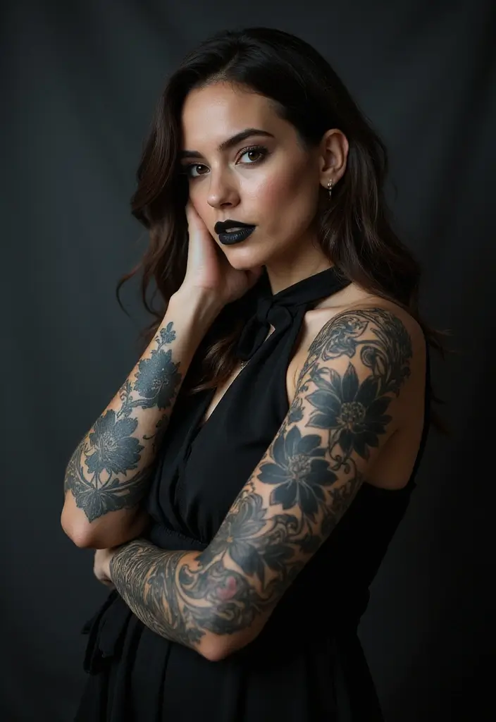 26 Full Sleeve Tattoos for Women: Complete Arm Masterpieces - 12. Dark Floral Aesthetics