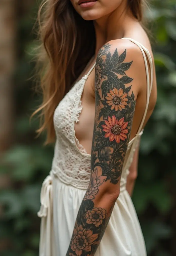 26 Full Sleeve Tattoos for Women: Complete Arm Masterpieces - 13. Vintage Floral Illustrations
