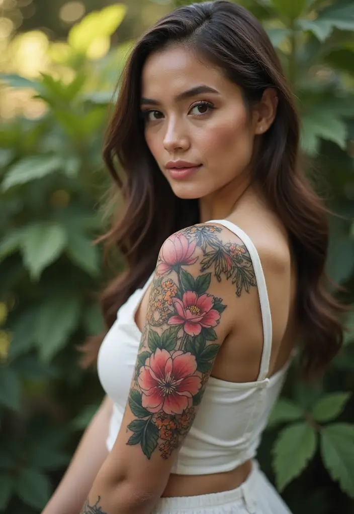 26 Full Sleeve Tattoos for Women: Complete Arm Masterpieces - 14. Symbolic Flower Combinations