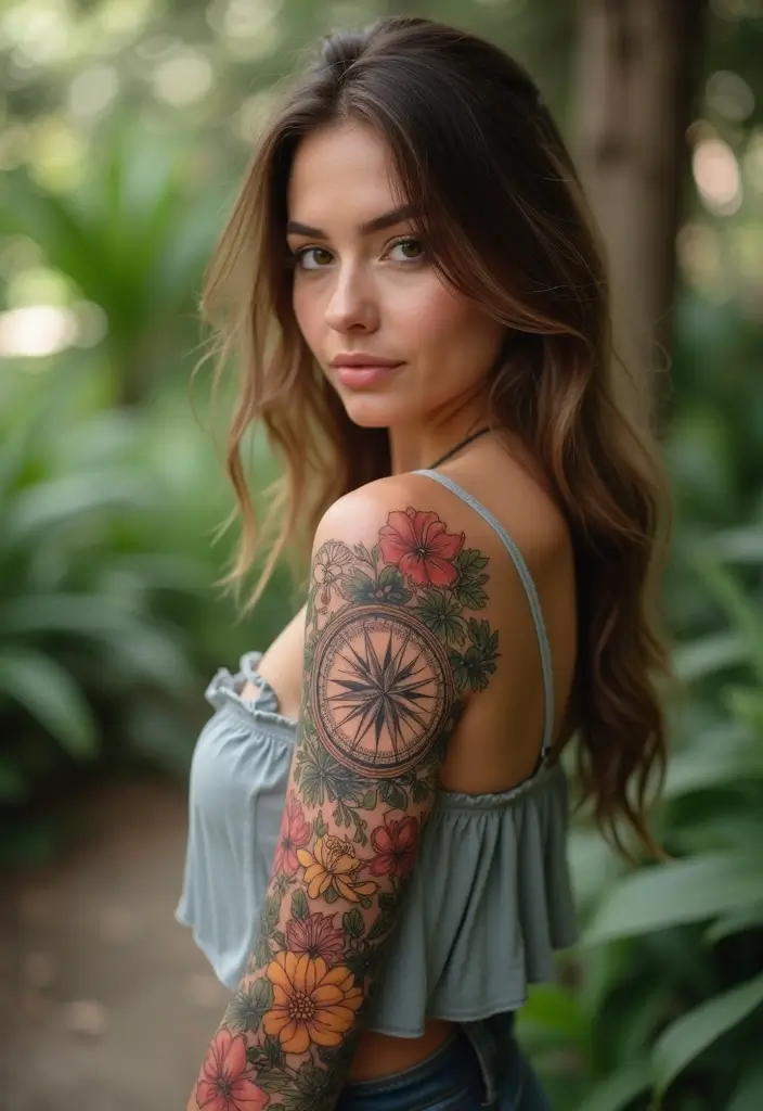26 Full Sleeve Tattoos for Women: Complete Arm Masterpieces - 15. Floral Compass