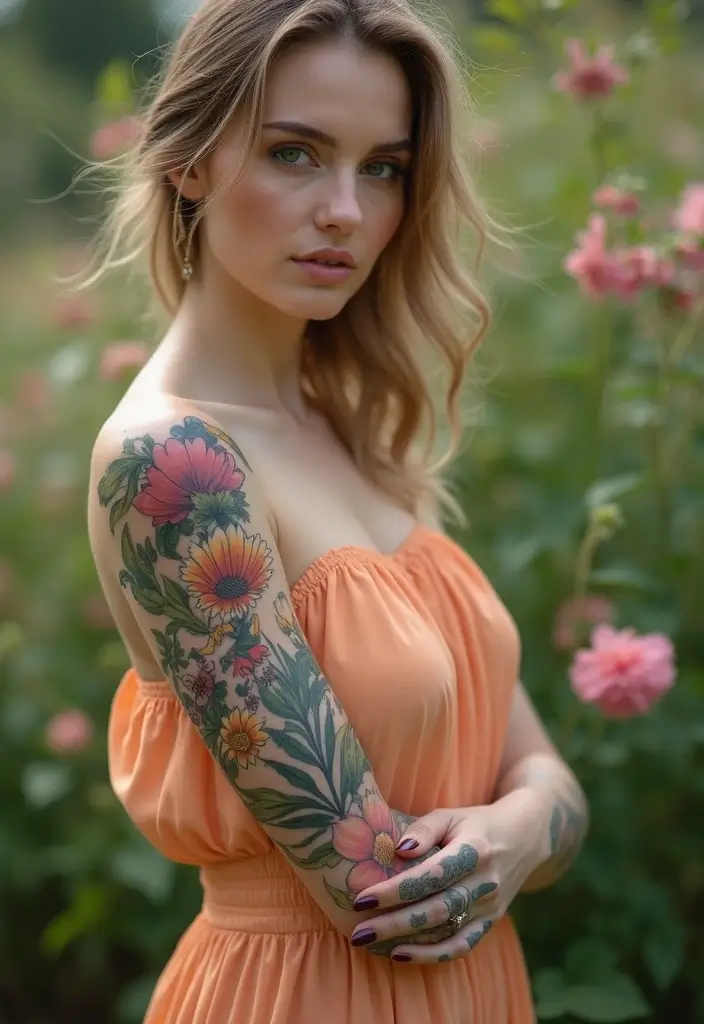 26 Full Sleeve Tattoos for Women: Complete Arm Masterpieces - 2. Botanical Watercolor