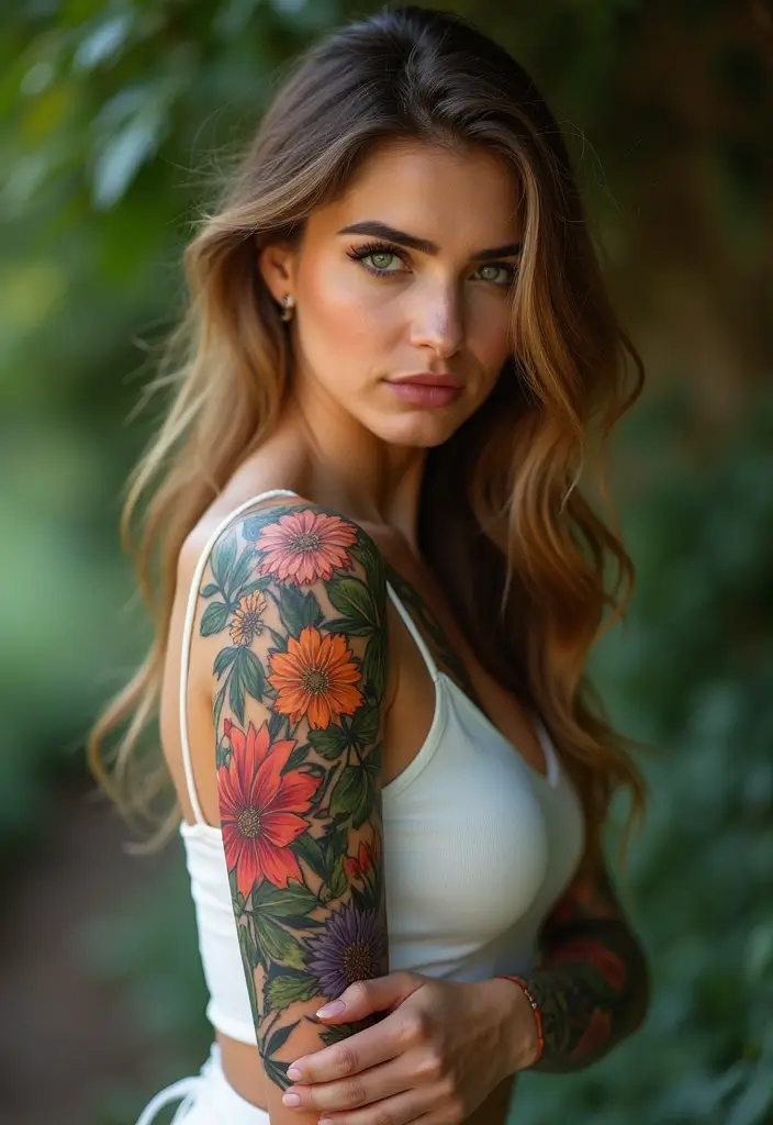 26 Full Sleeve Tattoos for Women: Complete Arm Masterpieces - 20. Seasonal Floral