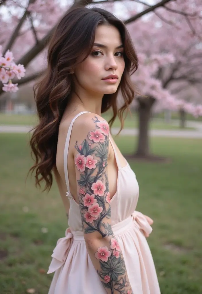 26 Full Sleeve Tattoos for Women: Complete Arm Masterpieces - 21. Cherry Blossom Dreams