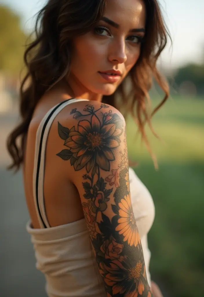 26 Full Sleeve Tattoos for Women: Complete Arm Masterpieces - 24. Floral Silhouette