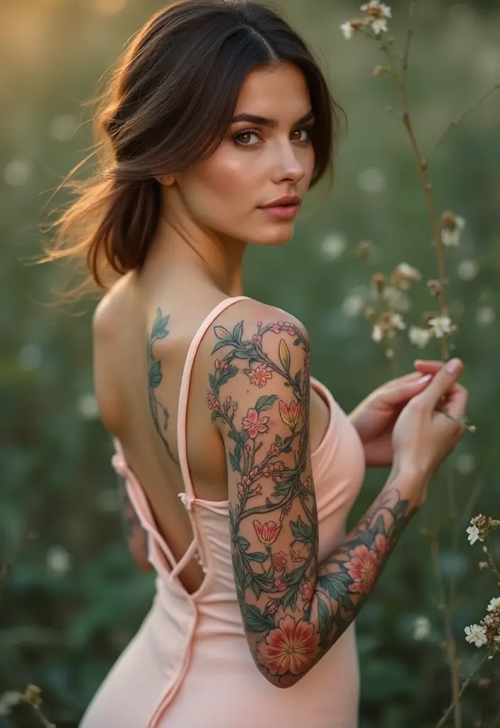 26 Full Sleeve Tattoos for Women: Complete Arm Masterpieces - 25. Intertwined Floral Vines