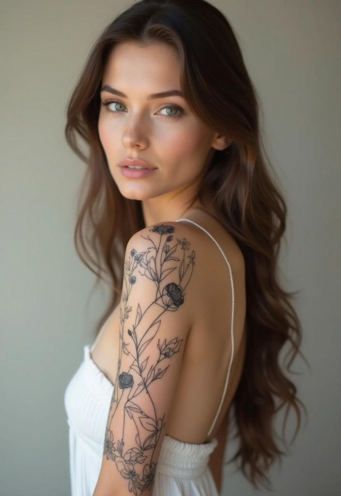 26 Full Sleeve Tattoos for Women: Complete Arm Masterpieces - 3. Minimalist Floral