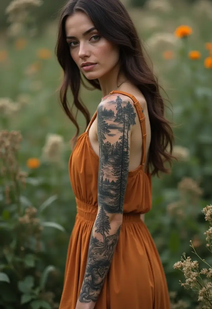 26 Full Sleeve Tattoos for Women: Complete Arm Masterpieces - 4. Nature-Inspired Sleeve