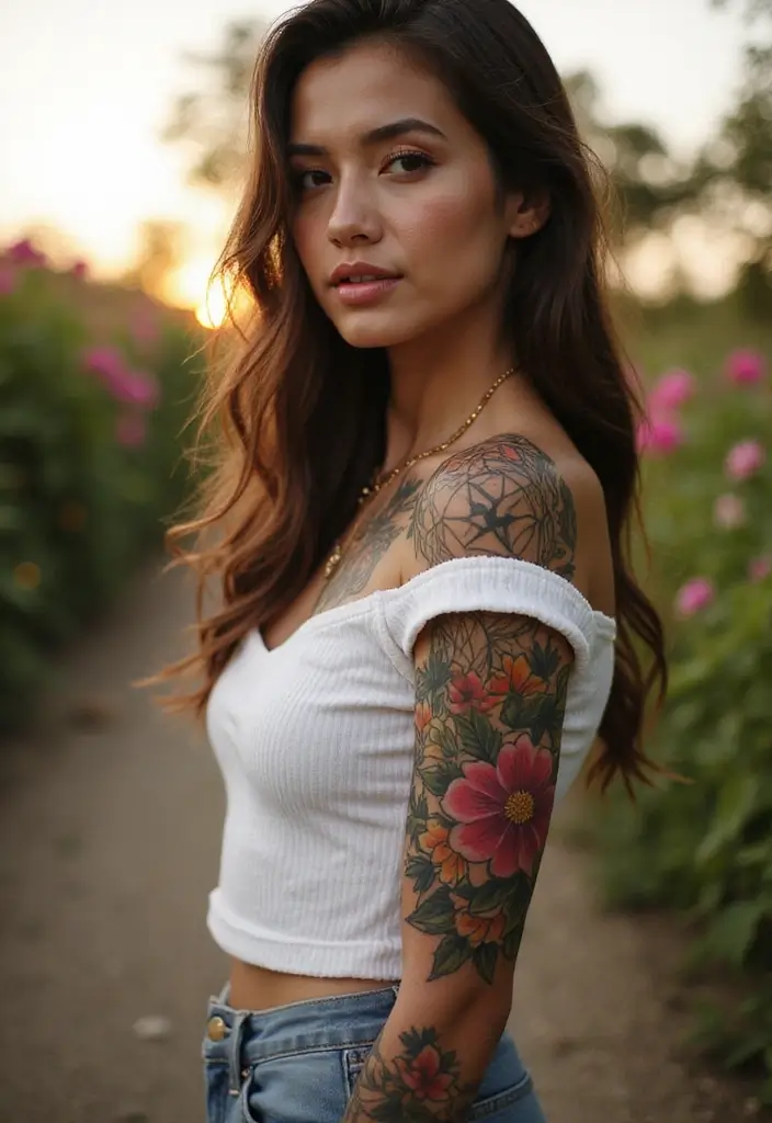 26 Full Sleeve Tattoos for Women: Complete Arm Masterpieces - 8. Floral Geometric Patterns