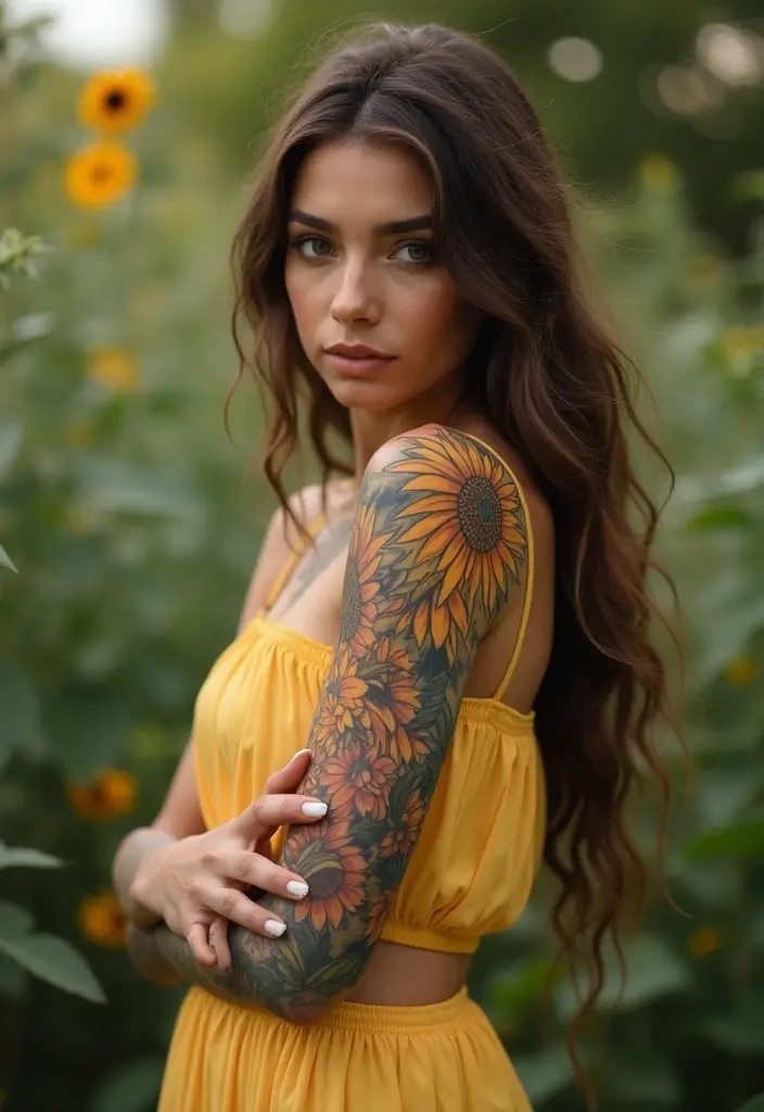 26 Half Sleeve Tattoos for Women: Perfect Balance of Art - 10. Fierce Sunflowers