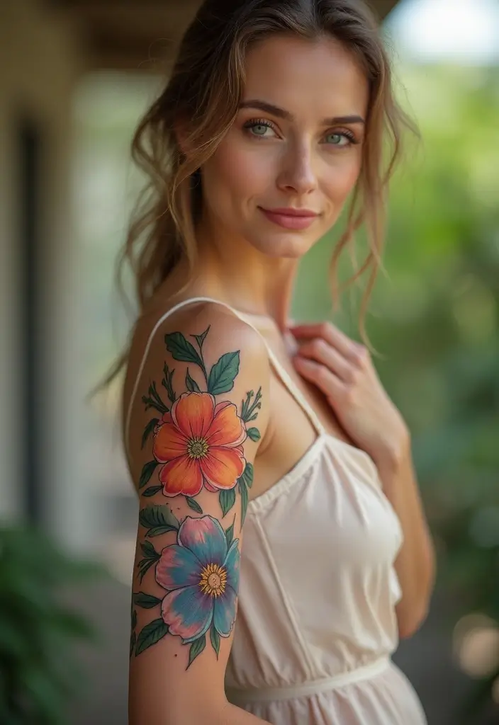 26 Half Sleeve Tattoos for Women: Perfect Balance of Art - 14. Artistic Watercolor Florals