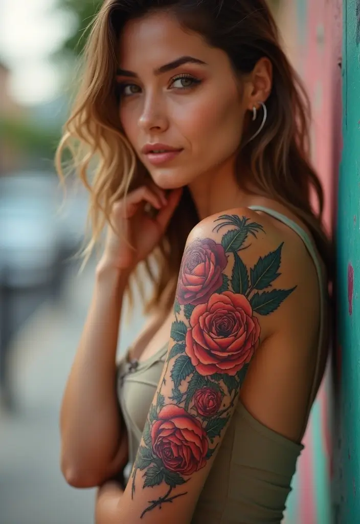 26 Half Sleeve Tattoos for Women: Perfect Balance of Art - 2. Bold Roses with Thorns