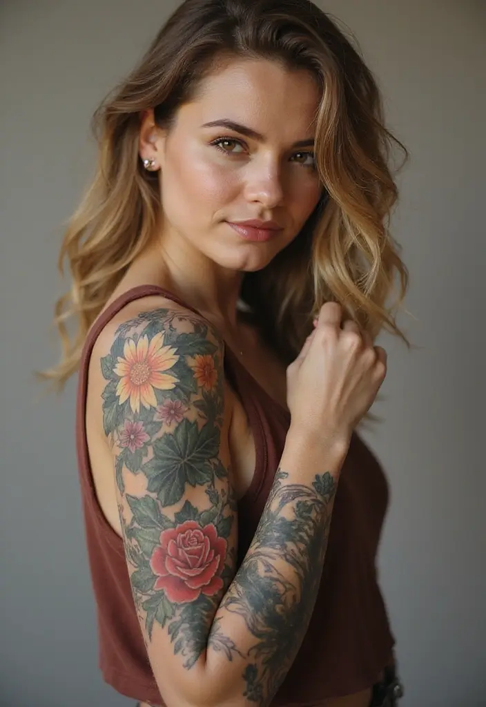 26 Half Sleeve Tattoos for Women: Perfect Balance of Art - 25. Layering Floral Designs
