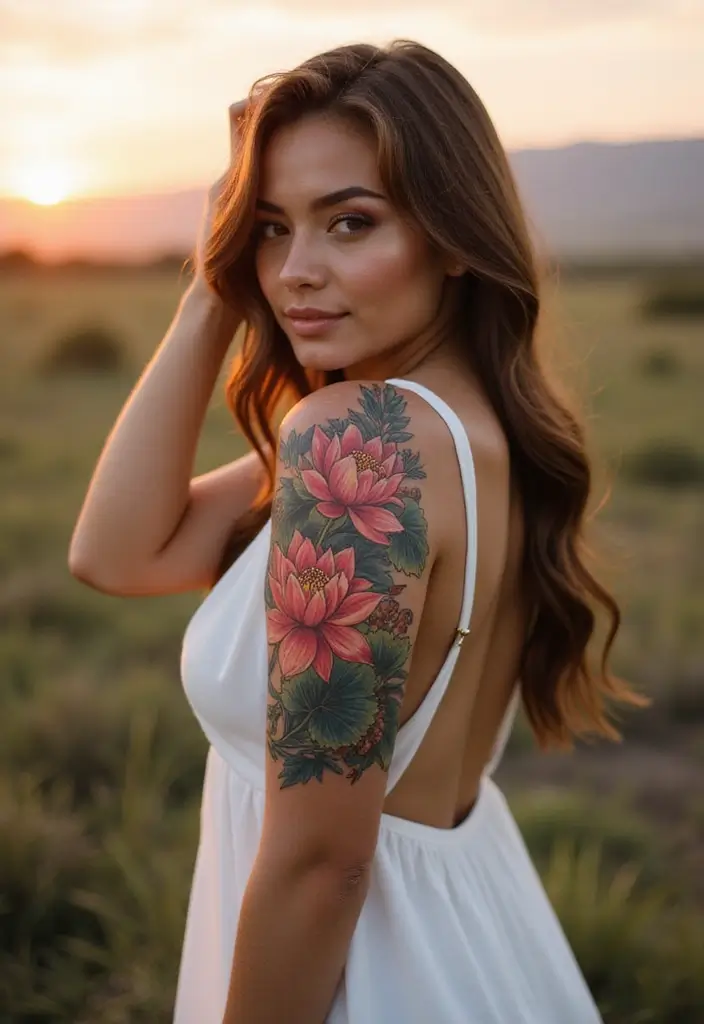 26 Half Sleeve Tattoos for Women: Perfect Balance of Art - 3. Dreamy Lotus Flowers