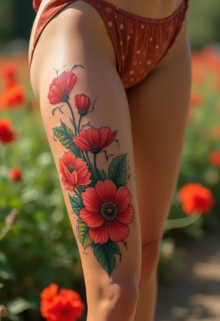 26 Striking Leg Tattoos for Women: Unique & Trendy Ideas - 12. Poppy Power