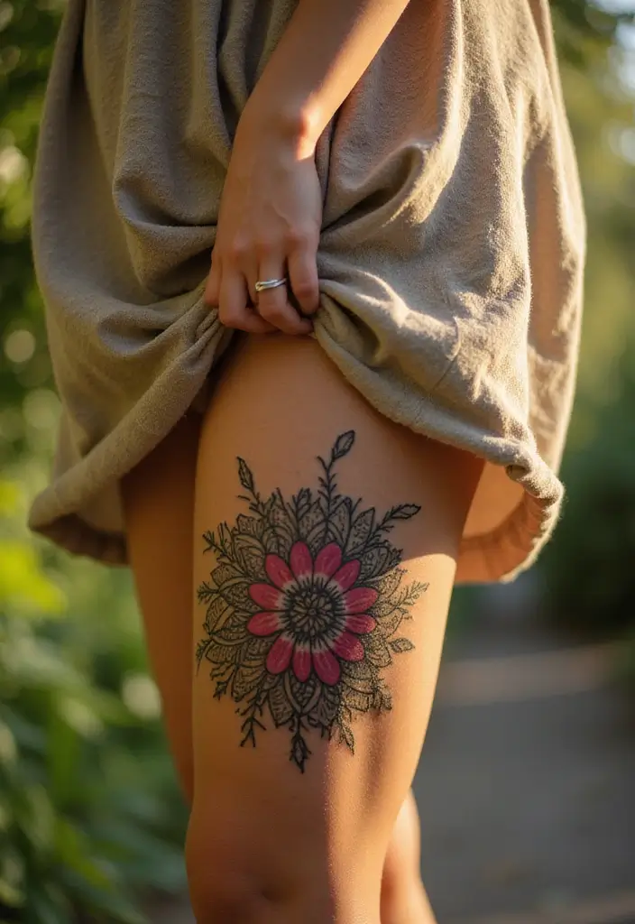 26 Striking Leg Tattoos for Women: Unique & Trendy Ideas - 15. Floral Mandala Fusion