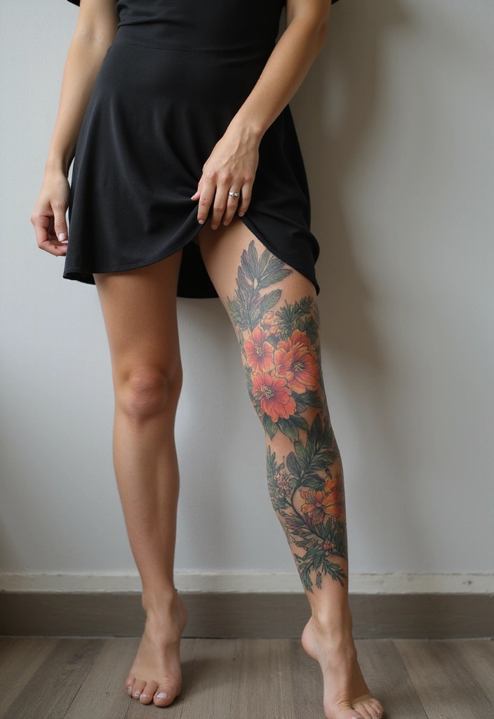 26 Striking Leg Tattoos for Women: Unique & Trendy Ideas - 2. Vibrant Floral Sleeve