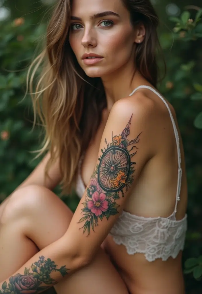 26 Striking Leg Tattoos for Women: Unique & Trendy Ideas - 20. Floral Compass