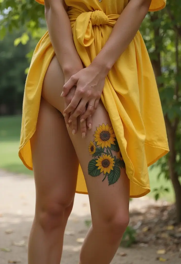 26 Striking Leg Tattoos for Women: Unique & Trendy Ideas - 6. Sunflower Sophistication