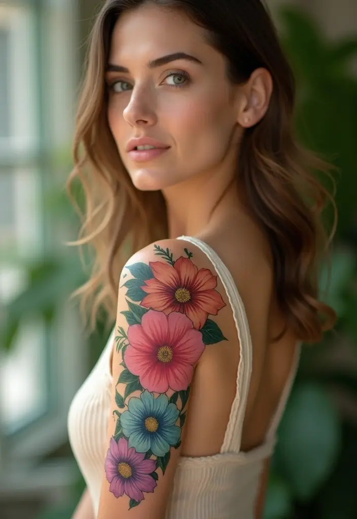 26 Stylish Half Sleeve Tattoos for Women: Artistic & Modern - 13. Colorful Watercolor Blooms
