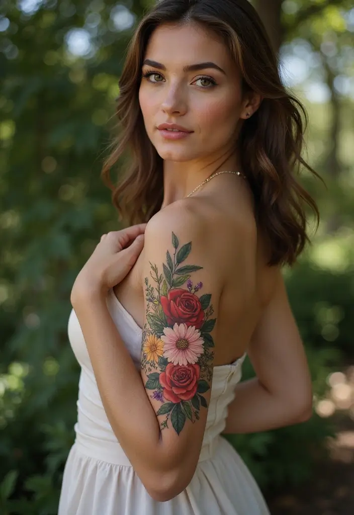 26 Stylish Half Sleeve Tattoos for Women: Artistic & Modern - 14. Classic Floral Bouquet