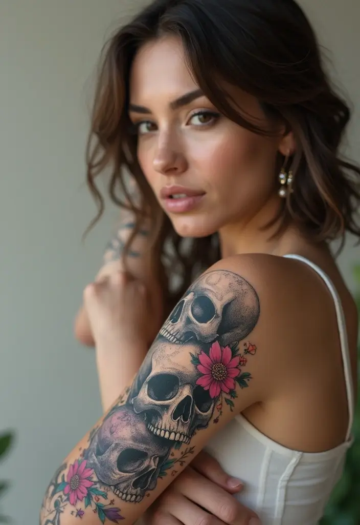26 Stylish Half Sleeve Tattoos for Women: Artistic & Modern - 15. Unique Floral Skulls