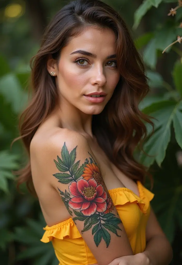 26 Stylish Half Sleeve Tattoos for Women: Artistic & Modern - 18. Vibrant Tropical Floral