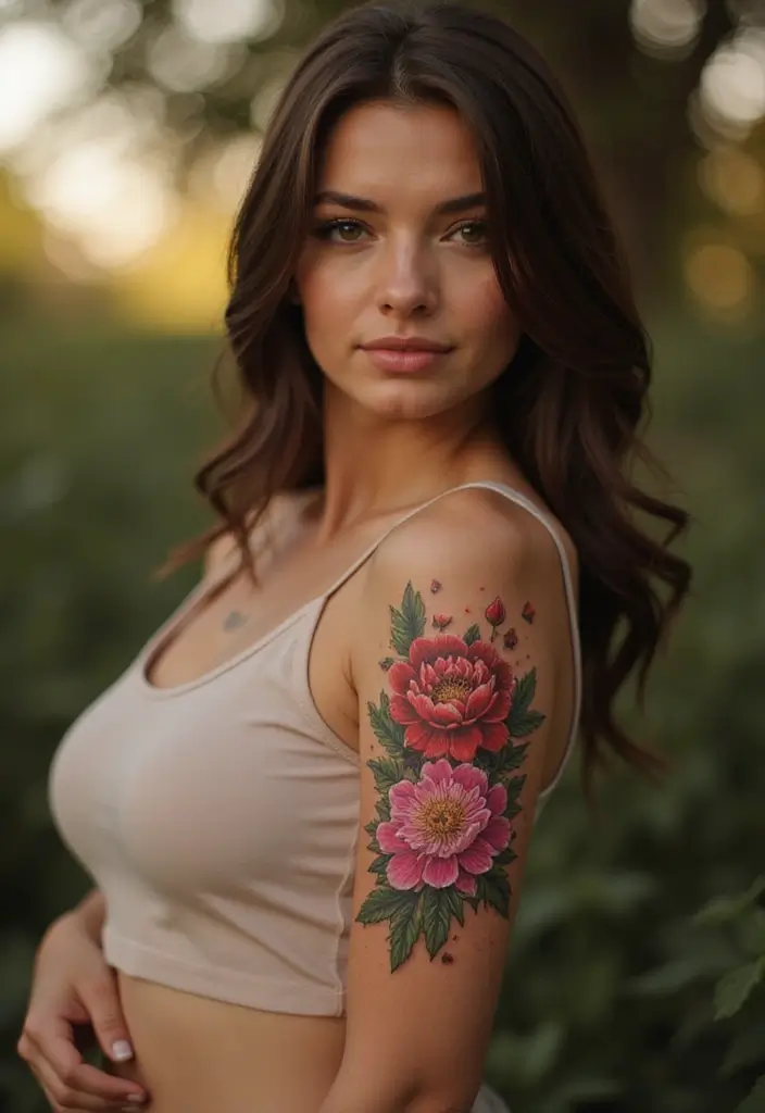 26 Stylish Half Sleeve Tattoos for Women: Artistic & Modern - 2. Bold Peony Explosion