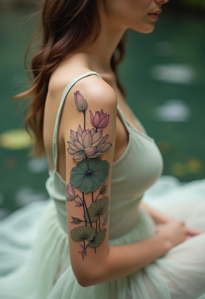 26 Stylish Half Sleeve Tattoos for Women: Artistic & Modern - 3. Serene Lotus Pond