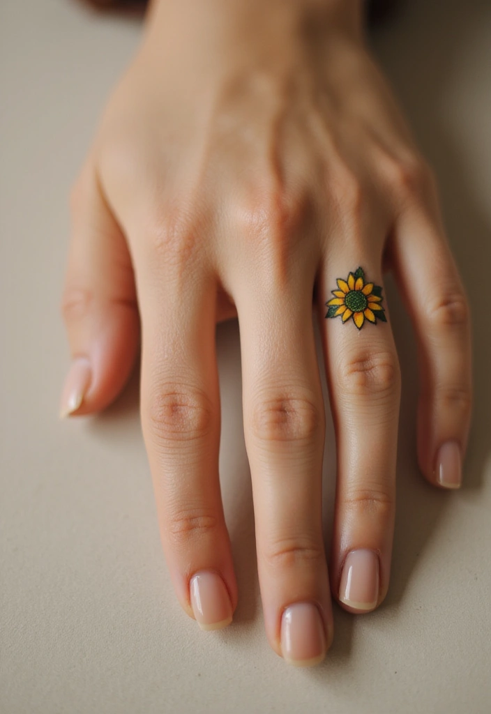 26 Tiny Finger Tattoos for Women: Minimalist & Meaningful - 11. Minimalist Sunflower