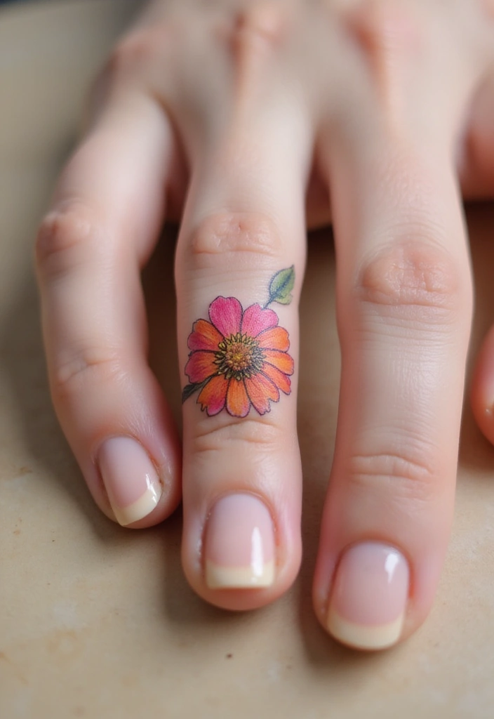 26 Tiny Finger Tattoos for Women: Minimalist & Meaningful - 21. Dainty Zinnia