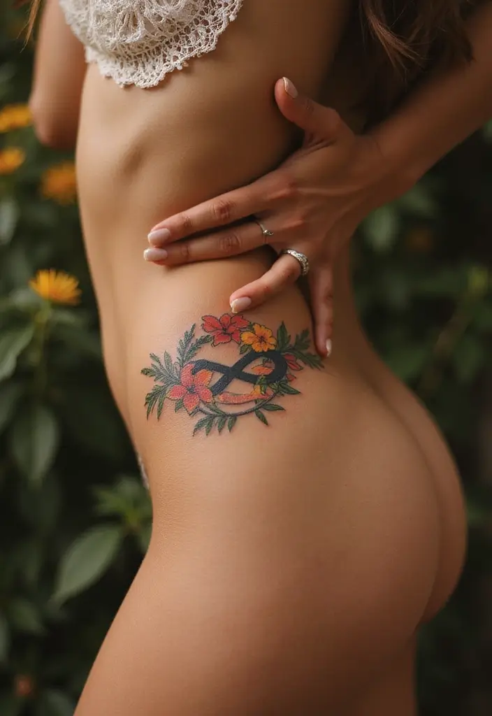 27 Alluring Hip Tattoos for Women: Feminine & Artistic Ideas - 20. Floral Infinity Symbol