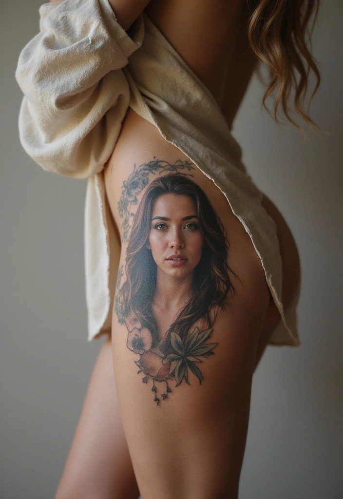 27 Alluring Side Thigh Tattoos for Women: Feminine & Bold - 16. Artistic Portrait Tattoos